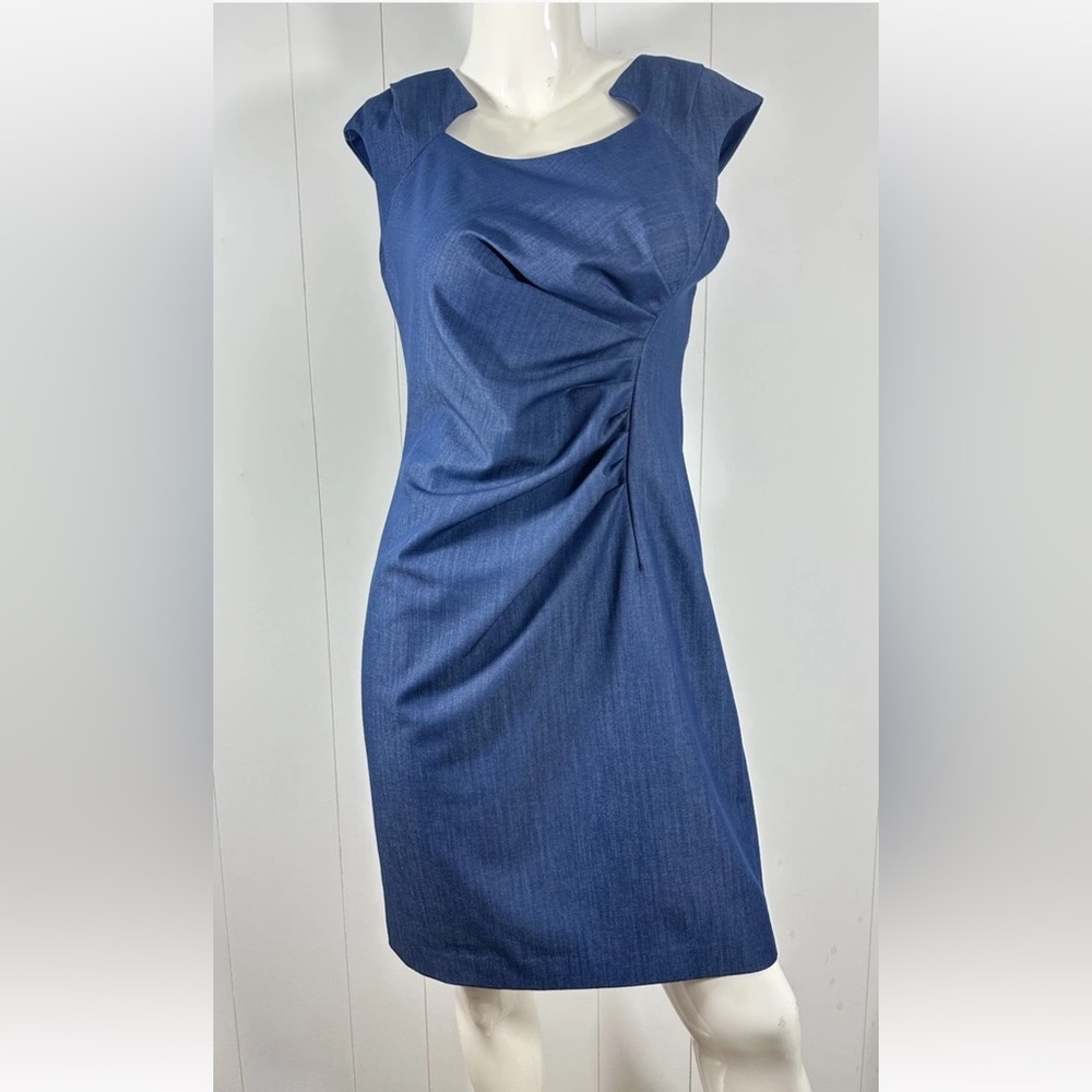 Calvin Klein Chambray Sz 10 Blue Side Pleat Sheath Cap Sleeve Dress Womens - Picture 2 of 10